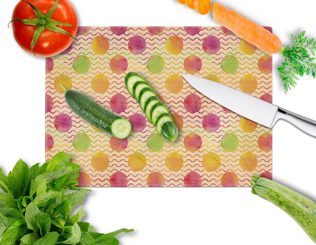 Watercolor Rainbow Dots and Sqiggles Cutting Board Tempered Glass Kitchen Cutting Surface, Heat Resistant Chopping, Non-Slip Feet, Food Prep & Serving