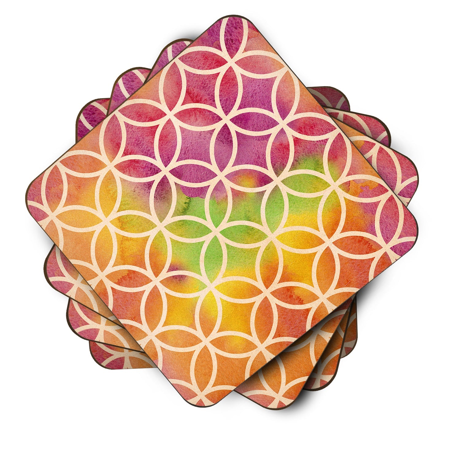 Watercolor Rainbow Geometric Circles Foam Coasters Set of 4 Cup Coasters for Indoor Outdoor, Tabletop Protection, Anti Slip, Mouse pad Material