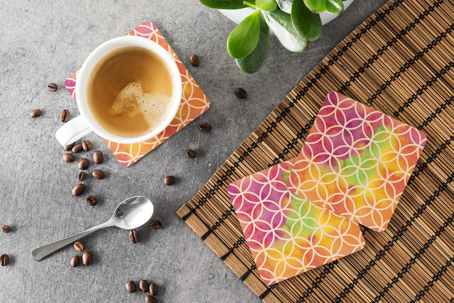 Watercolor Rainbow Geometric Circles Foam Coasters Set of 4 Cup Coasters for Indoor Outdoor, Tabletop Protection, Anti Slip, Mouse pad Material