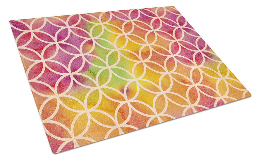 Watercolor Rainbow Geometric Circles Cutting Board Tempered Glass Kitchen Cutting Surface, Heat Resistant Chopping, Non-Slip Feet, Food Prep & Serving