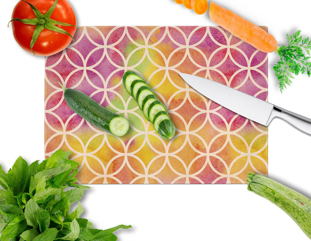 Watercolor Rainbow Geometric Circles Cutting Board Tempered Glass Kitchen Cutting Surface, Heat Resistant Chopping, Non-Slip Feet, Food Prep & Serving
