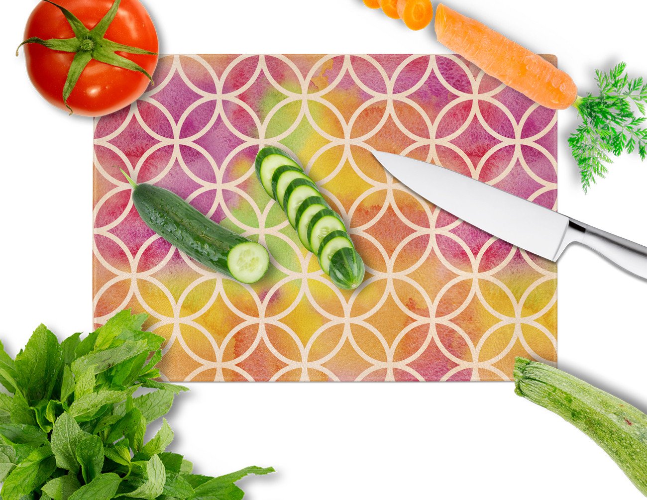 Watercolor Rainbow Geometric Circles Cutting Board Tempered Glass Kitchen Cutting Surface, Heat Resistant Chopping, Non-Slip Feet, Food Prep & Serving