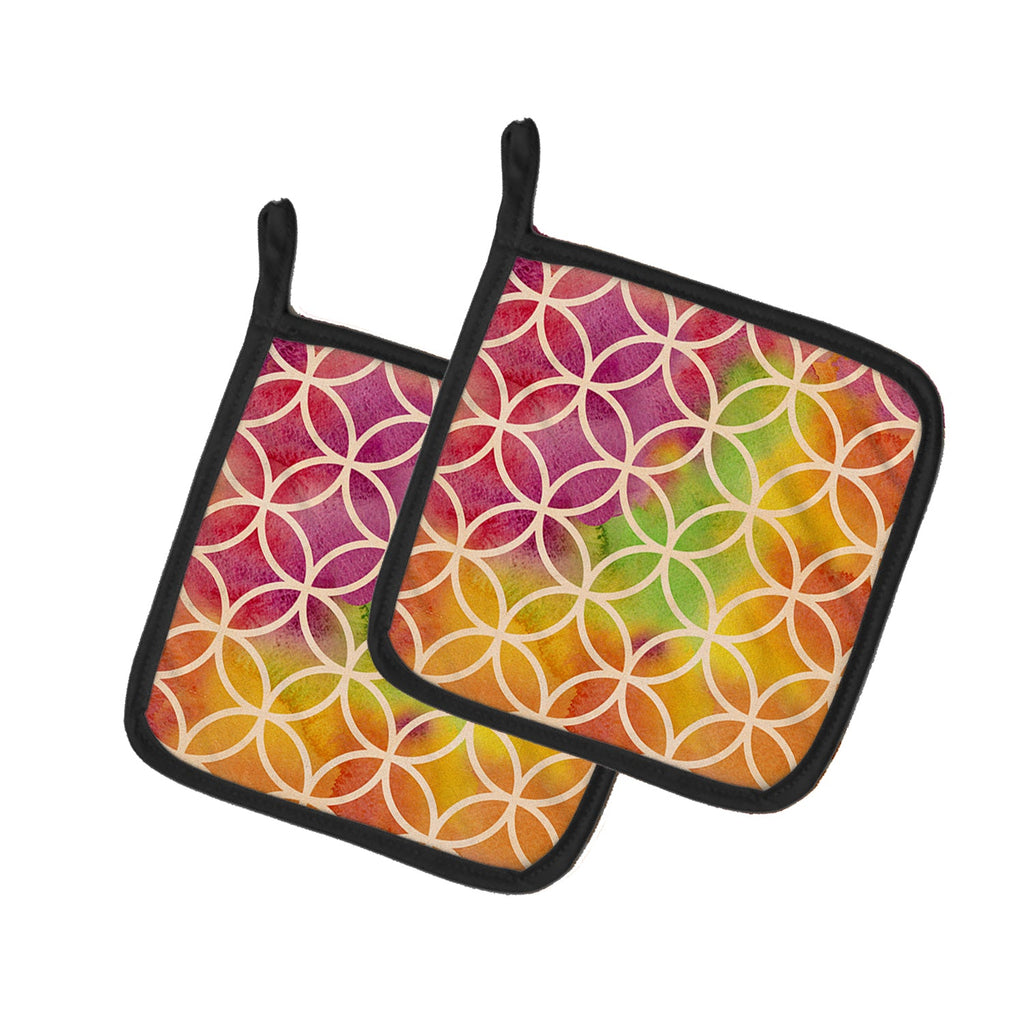 Watercolor Rainbow Geometric Circles Pot Holder Set of 2 Heat Resistant Quilted Hot Pads 7.5 x 7.5 Inch, Insulated Kitchen Trivets for Cooking & Baking
