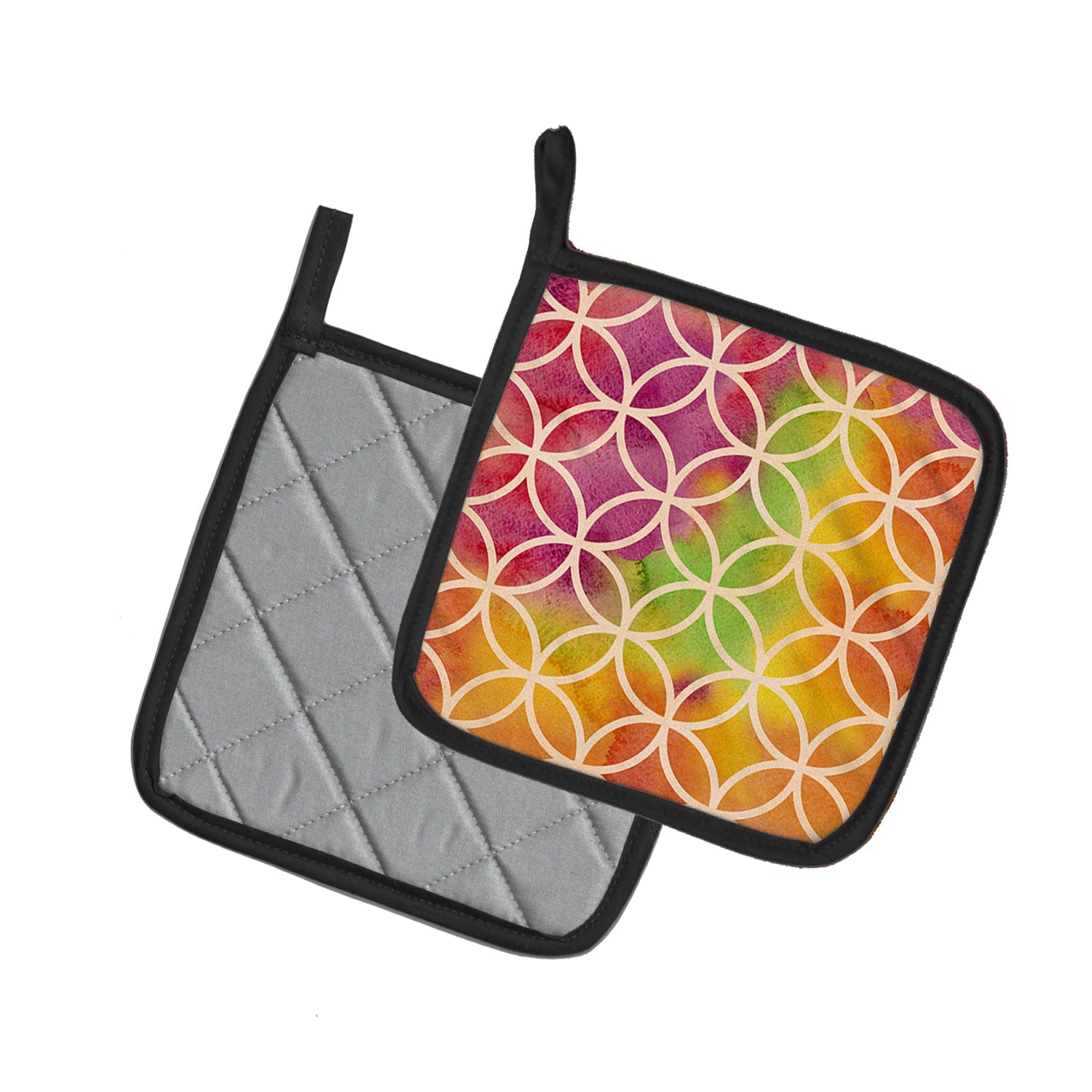 Watercolor Rainbow Geometric Circles Pot Holder Set of 2 Heat Resistant Quilted Hot Pads 7.5 x 7.5 Inch, Insulated Kitchen Trivets for Cooking & Baking
