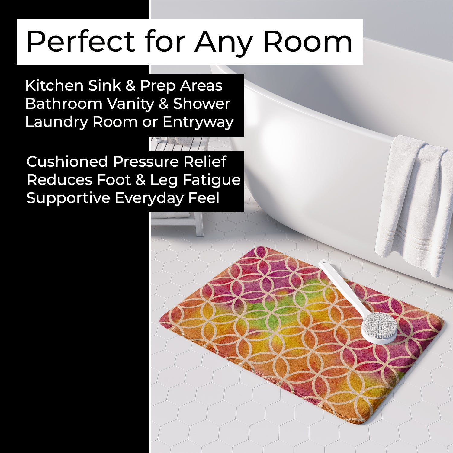 Watercolor Rainbow Geometric Circles Memory Foam Kitchen Mat Machine Washable Anti-Fatigue Cushion Comfort Bath or Kitchen Rug