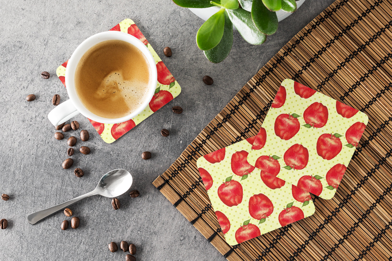 Watercolor Apples and Polkadots Foam Coasters Set of 4 Cup Coasters for Indoor Outdoor, Tabletop Protection, Anti Slip, Mouse pad Material