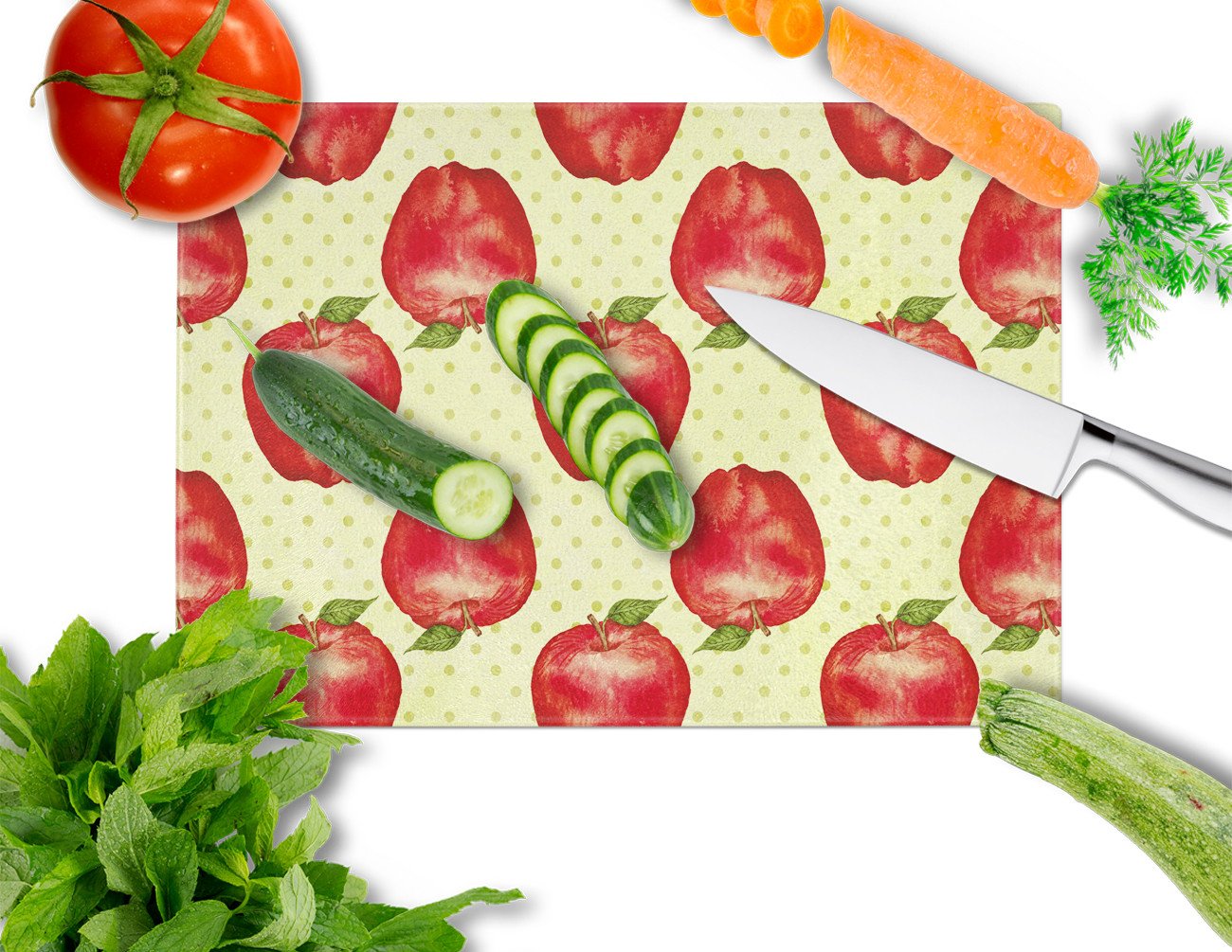 Watercolor Apples and Polkadots Cutting Board Tempered Glass Kitchen Cutting Surface, Heat Resistant Chopping, Non-Slip Feet, Food Prep & Serving