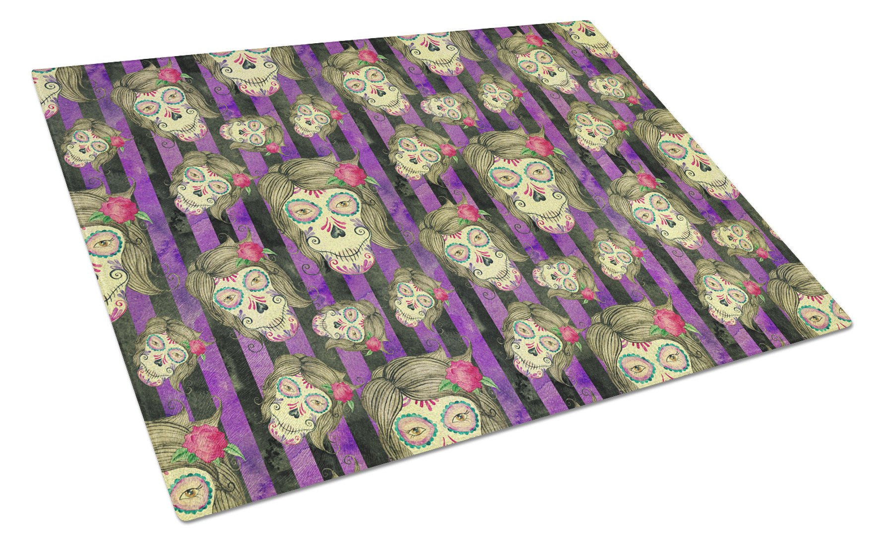 Watecolor Day of the Dead Halloween Cutting Board Tempered Glass Kitchen Cutting Surface, Heat Resistant Chopping, Non-Slip Feet, Food Prep & Serving
