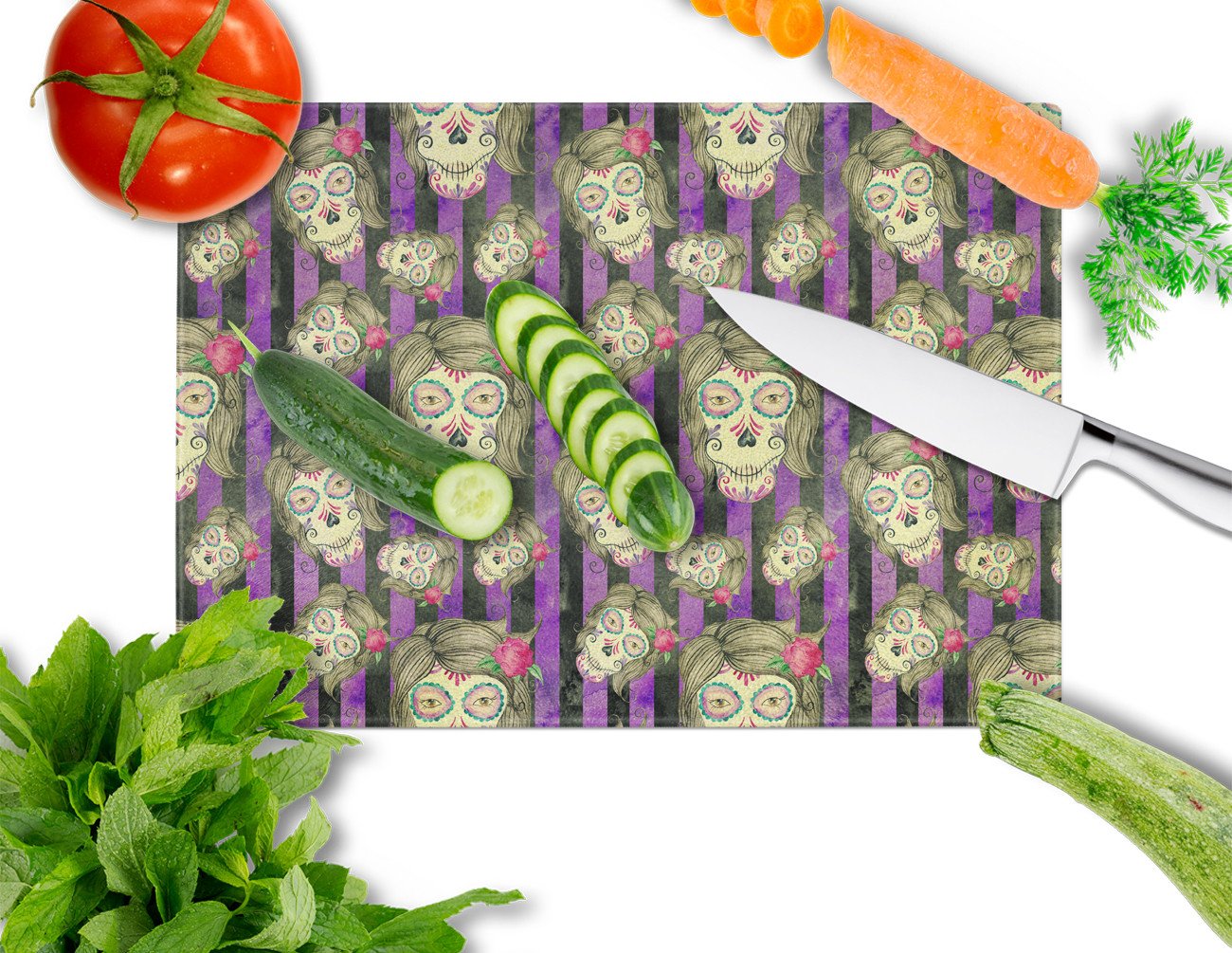 Watecolor Day of the Dead Halloween Cutting Board Tempered Glass Kitchen Cutting Surface, Heat Resistant Chopping, Non-Slip Feet, Food Prep & Serving