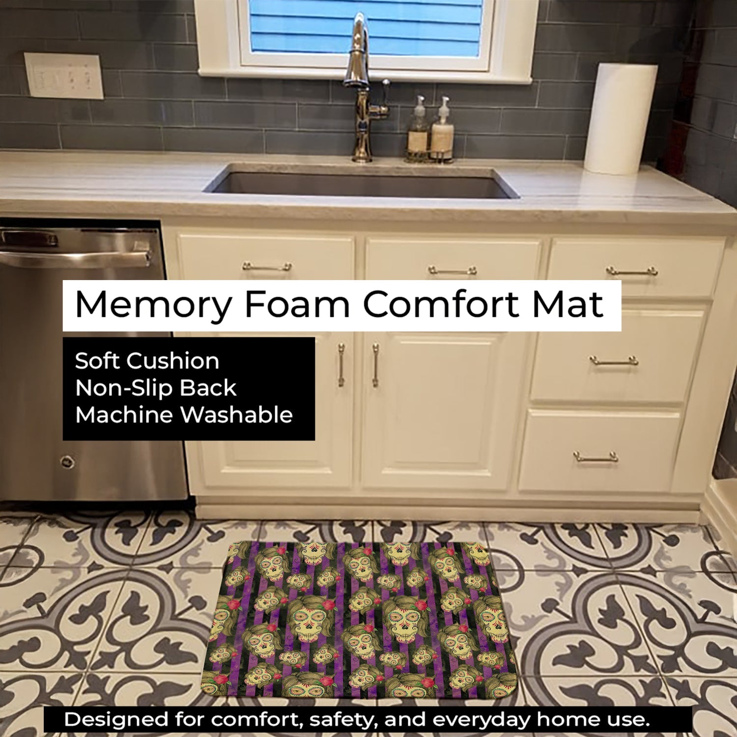 Watecolor Day of the Dead Halloween Memory Foam Kitchen Mat Machine Washable Anti-Fatigue Cushion Comfort Bath or Kitchen Rug