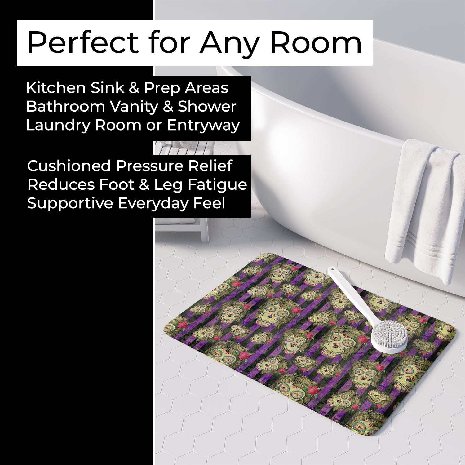 Watecolor Day of the Dead Halloween Memory Foam Kitchen Mat Machine Washable Anti-Fatigue Cushion Comfort Bath or Kitchen Rug