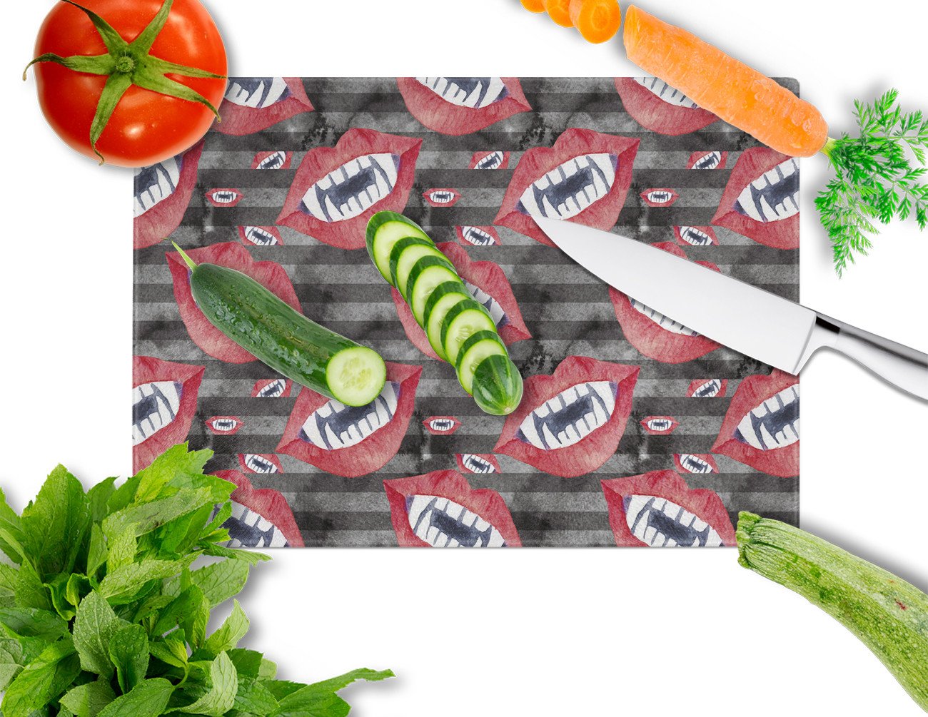 Watecolor Halloween Vampire Teeth Cutting Board Tempered Glass Kitchen Cutting Surface, Heat Resistant Chopping, Non-Slip Feet, Food Prep & Serving