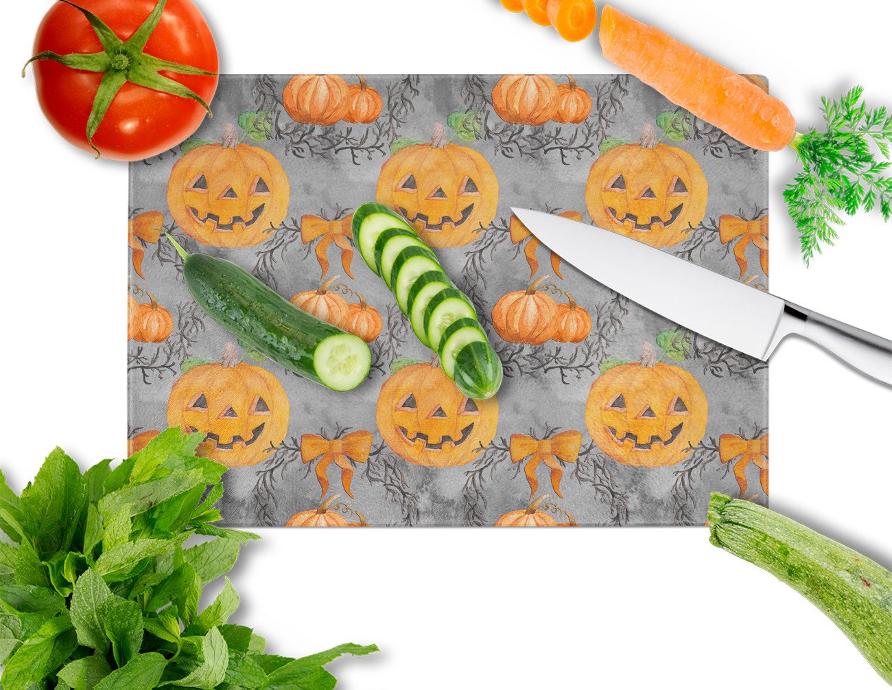 Watecolor Halloween Pumpkins Cutting Board Tempered Glass Kitchen Cutting Surface, Heat Resistant Chopping, Non-Slip Feet, Food Prep & Serving