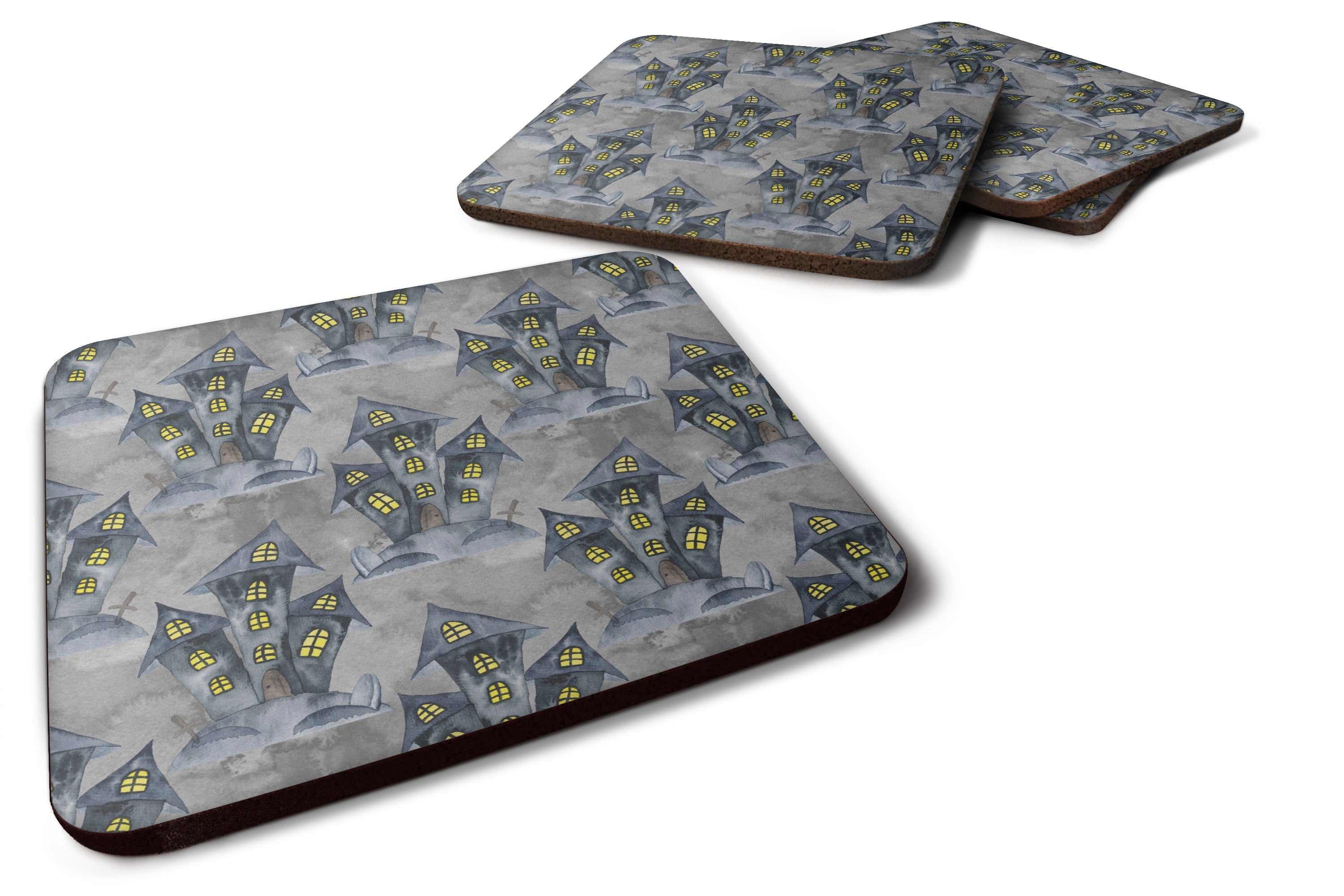 Watecolor Halloween Haunted House Foam Coasters Set of 4 Cup Coasters for Indoor Outdoor, Tabletop Protection, Anti Slip, Mouse pad Material