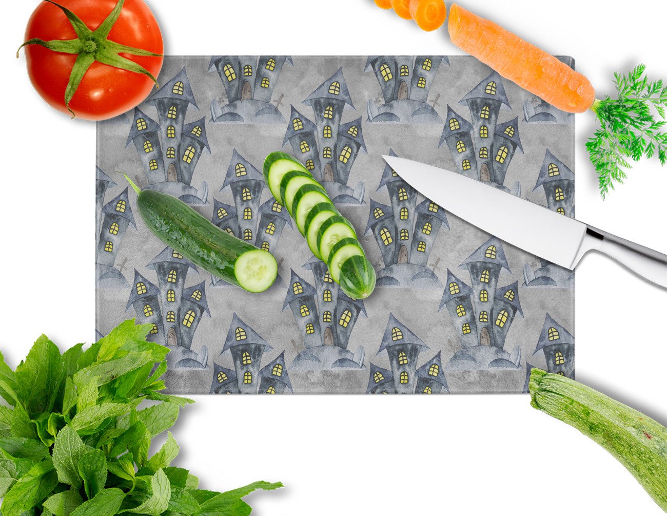 Watecolor Halloween Haunted House Cutting Board Tempered Glass Kitchen Cutting Surface, Heat Resistant Chopping, Non-Slip Feet, Food Prep & Serving