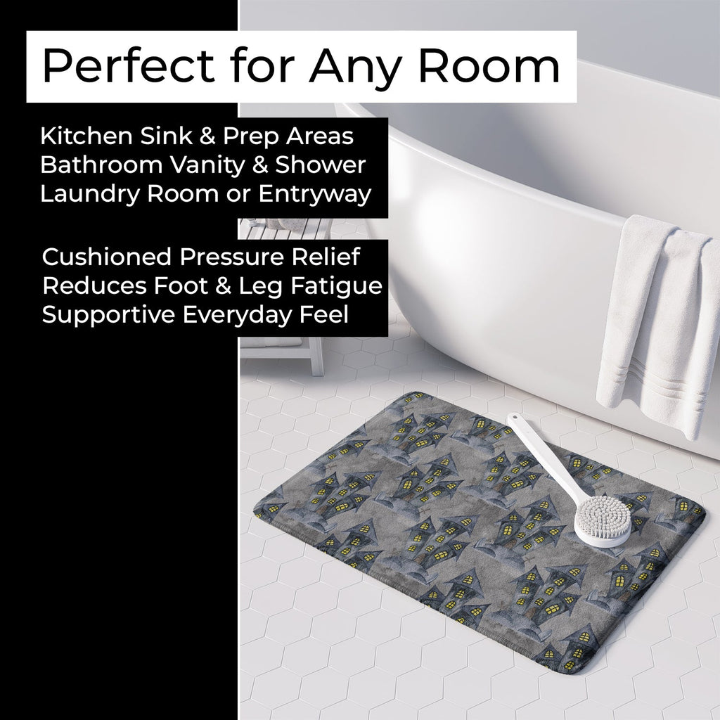 Watecolor Halloween Haunted House Memory Foam Kitchen Mat Machine Washable Anti-Fatigue Cushion Comfort Bath or Kitchen Rug