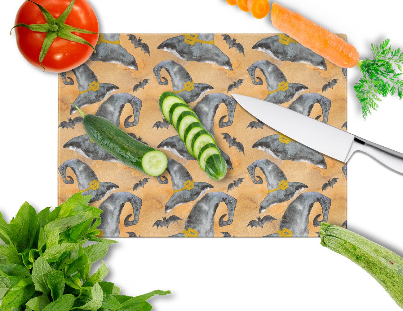 Watecolor Halloween Witches Hat Cutting Board Tempered Glass Kitchen Cutting Surface, Heat Resistant Chopping, Non-Slip Feet, Food Prep & Serving