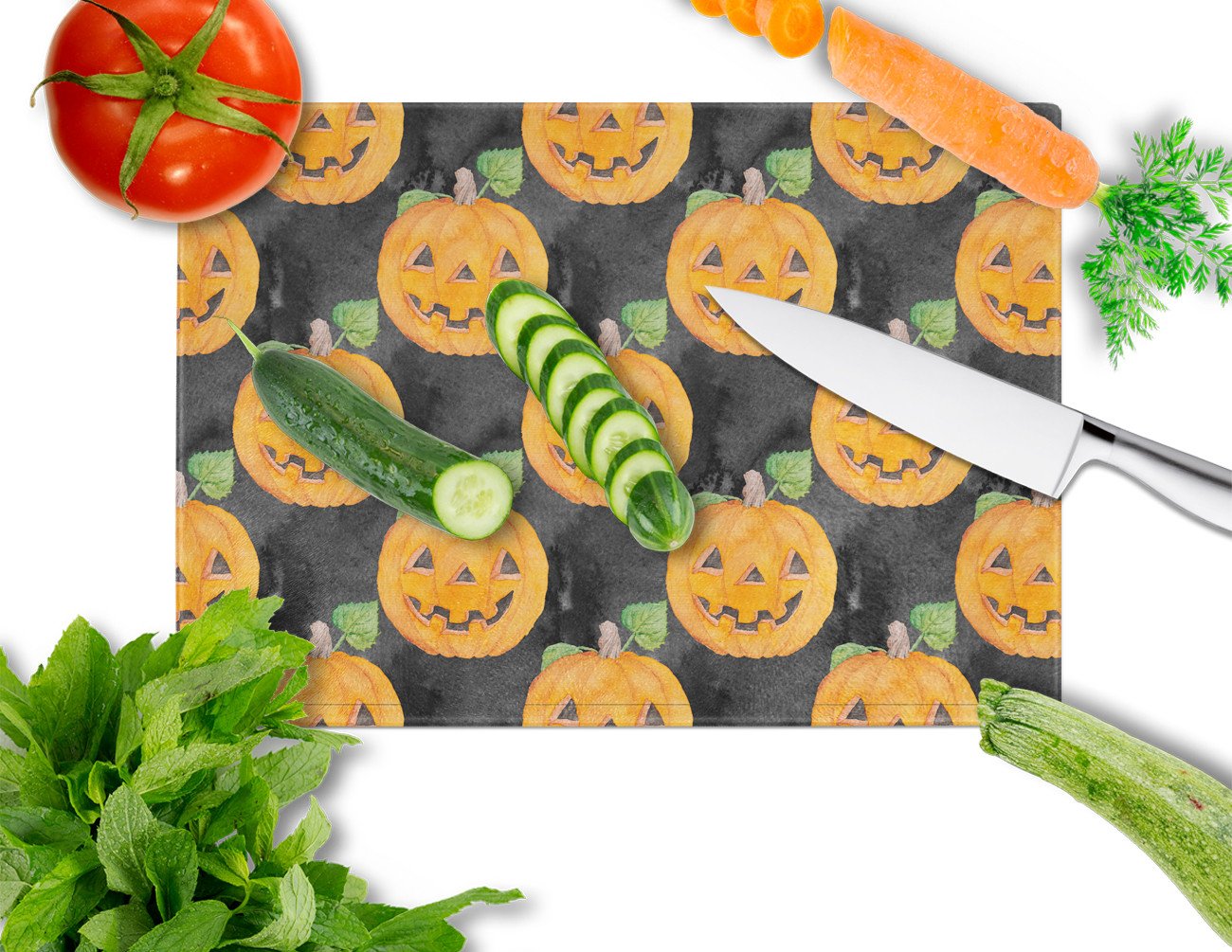 Watecolor Halloween Jack-O-Lantern Cutting Board Tempered Glass Kitchen Cutting Surface, Heat Resistant Chopping, Non-Slip Feet, Food Prep & Serving