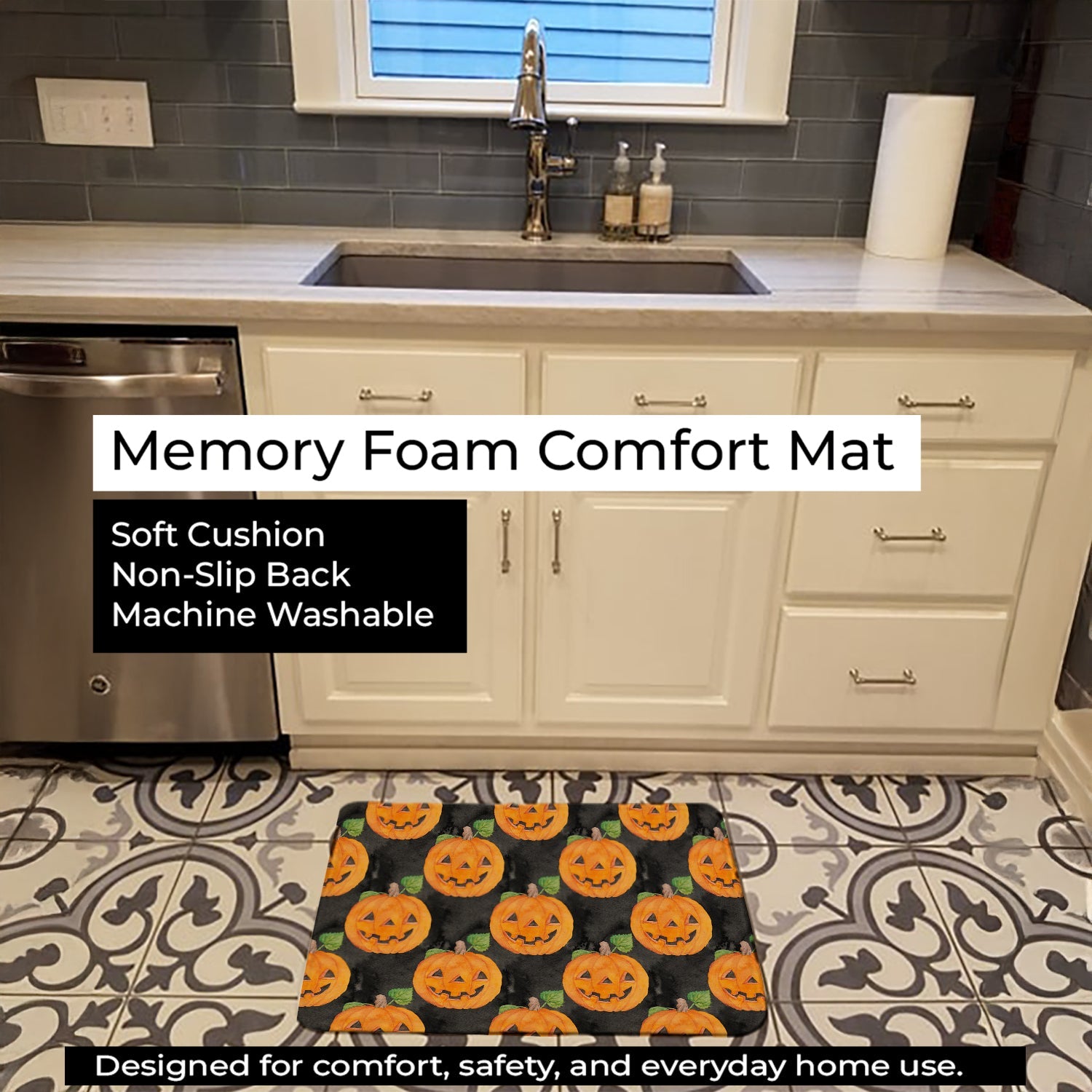 Watecolor Halloween Jack-O-Lantern Memory Foam Kitchen Mat Machine Washable Anti-Fatigue Cushion Comfort Bath or Kitchen Rug