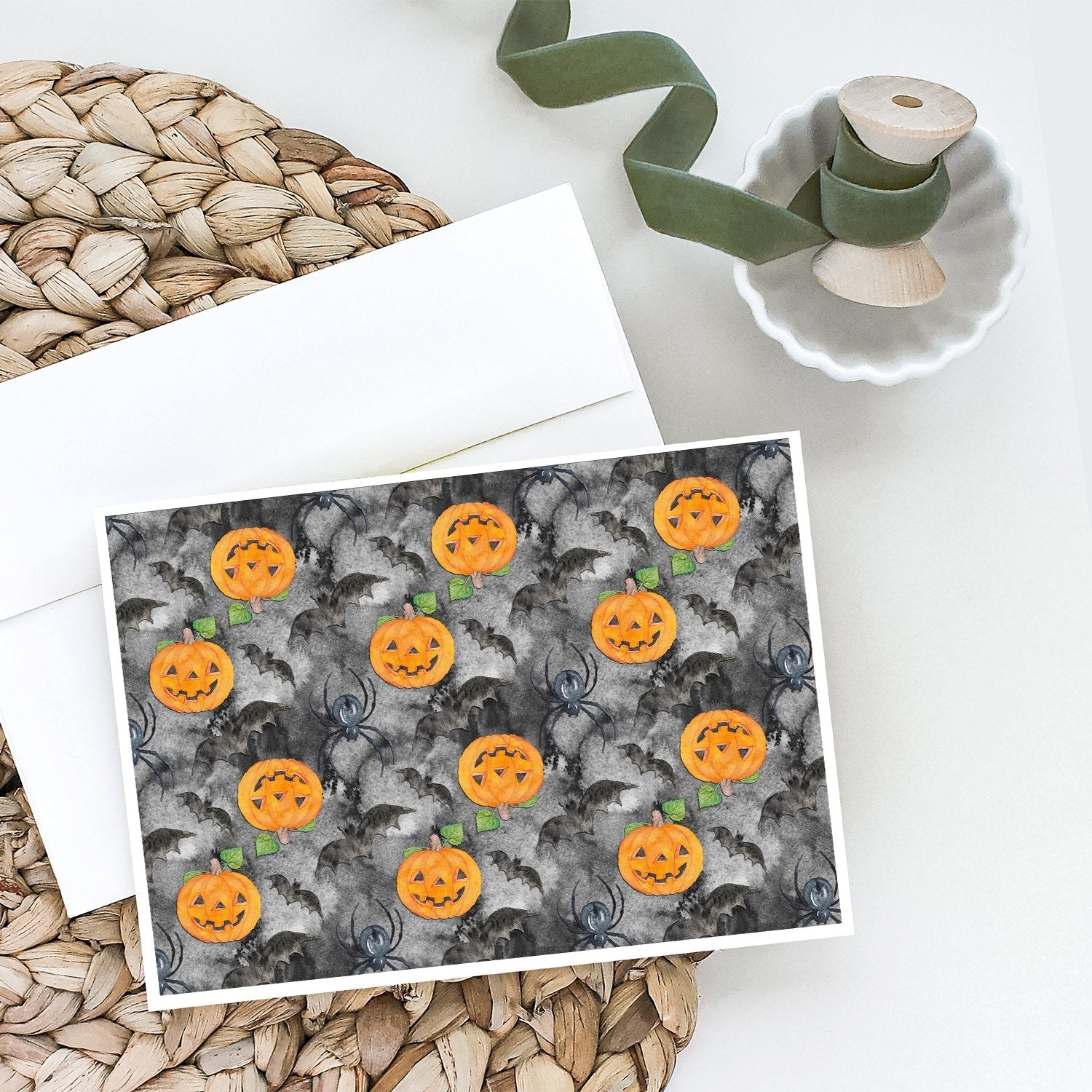 Watecolor Halloween Jack-O-Lantern Bats Greeting Cards Pack of 8 Blank Cards with Envelopes Whimsical A7 Size 5x7