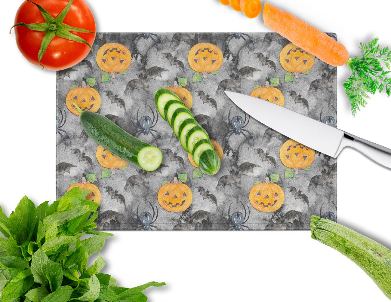 Watecolor Halloween Jack-O-Lantern Bats Cutting Board Tempered Glass Kitchen Cutting Surface, Heat Resistant Chopping, Non-Slip Feet, Food Prep & Serving