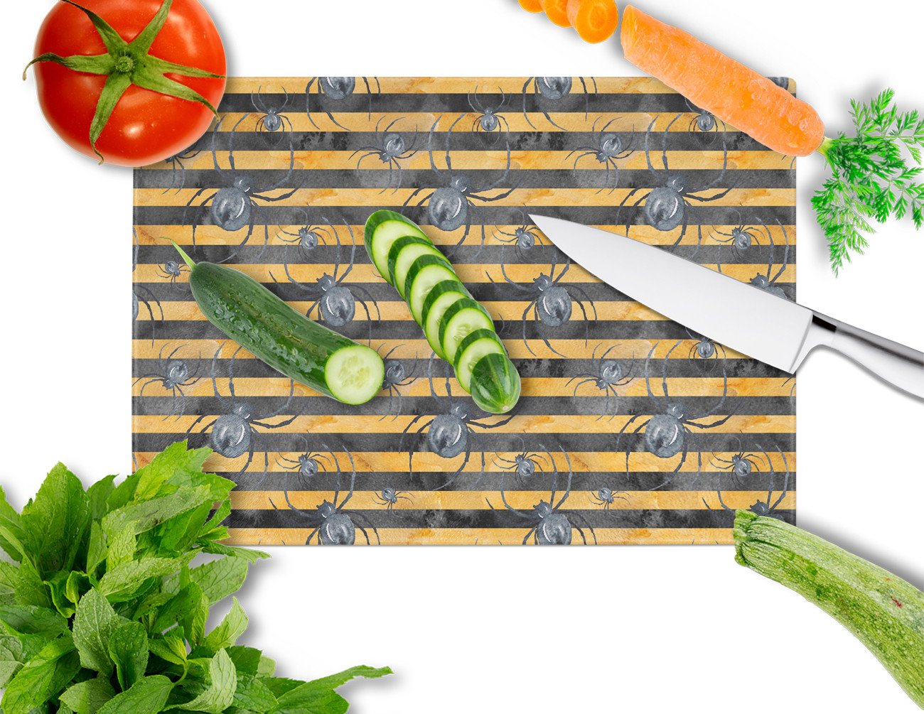 Watecolor Halloween Spiders Cutting Board Tempered Glass Kitchen Cutting Surface, Heat Resistant Chopping, Non-Slip Feet, Food Prep & Serving