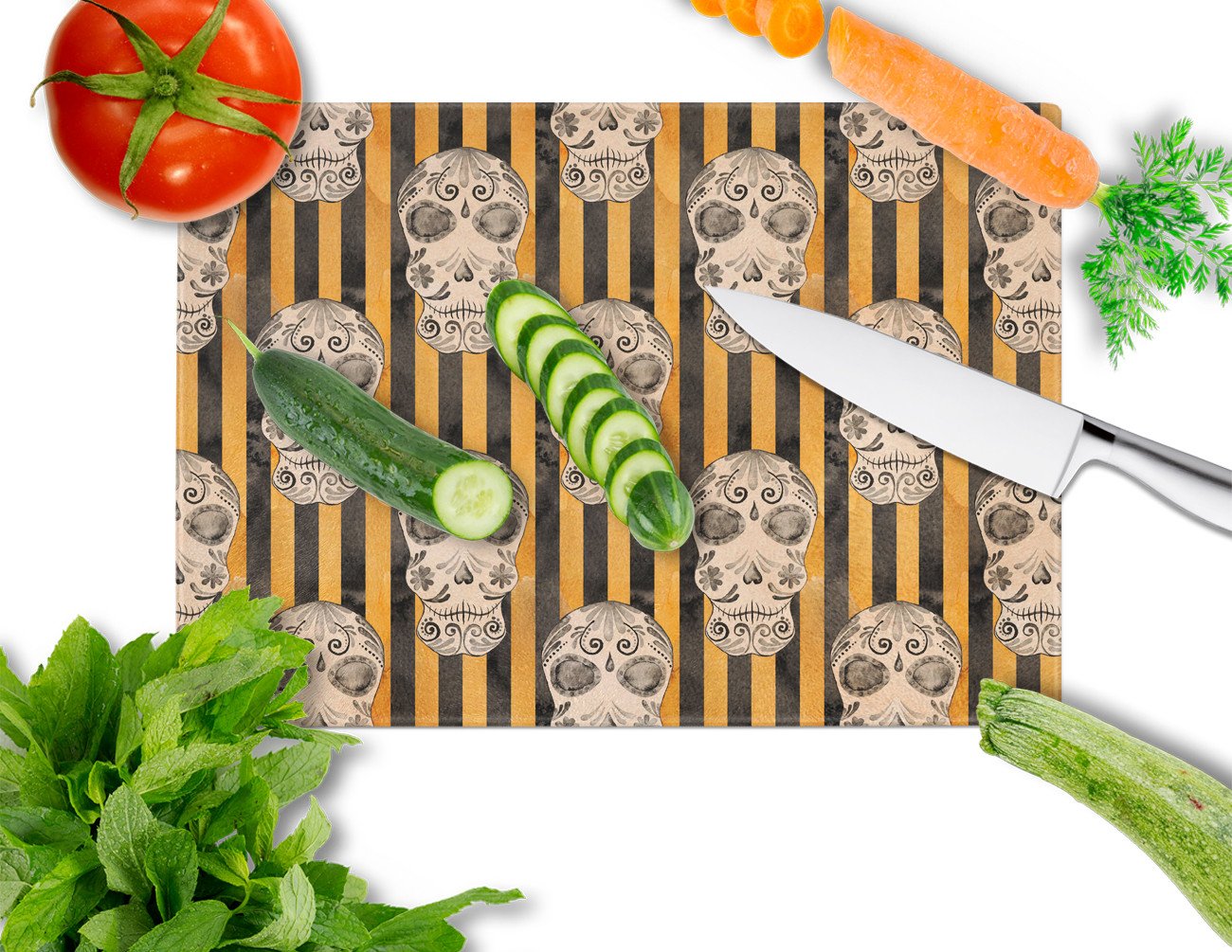 Watecolor Halloween Day of the Dead Head Cutting Board Tempered Glass Kitchen Cutting Surface, Heat Resistant Chopping, Non-Slip Feet, Food Prep & Serving