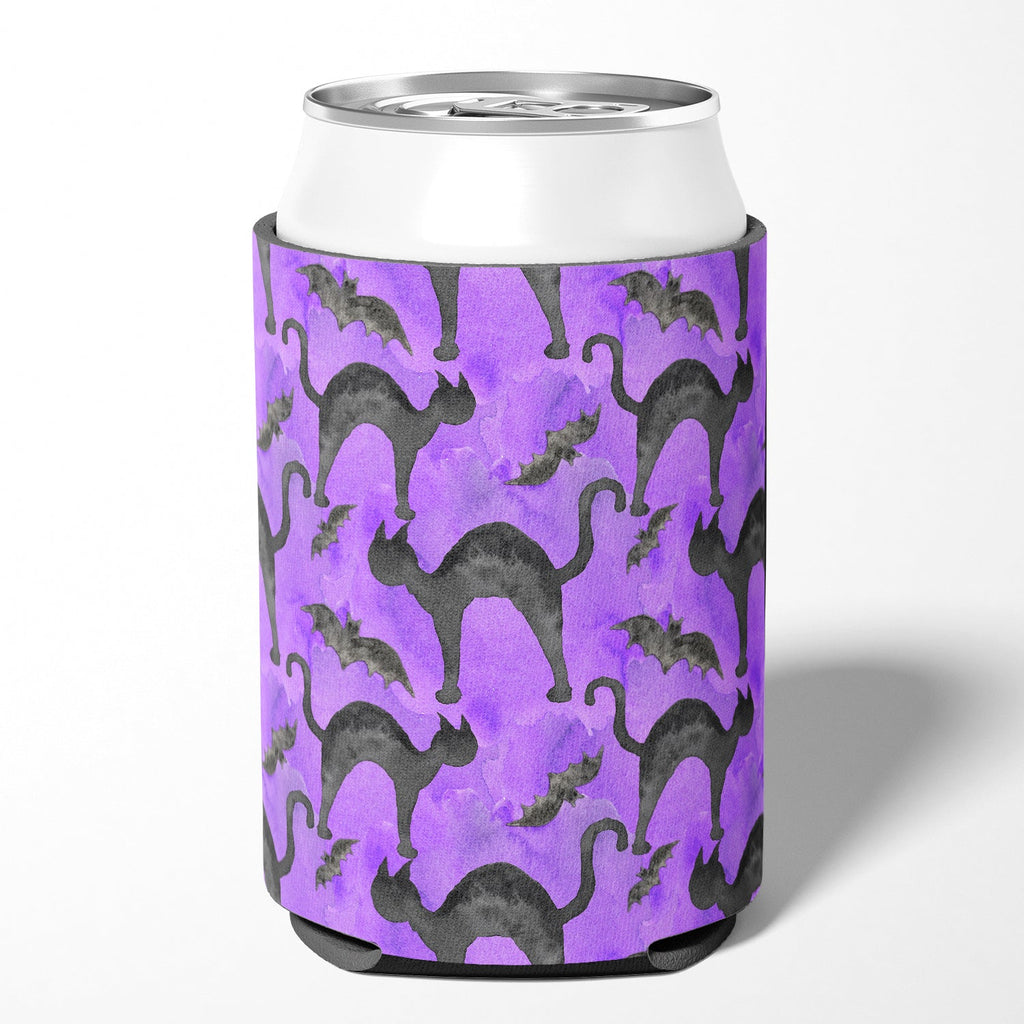 Watecolor Halloween Black Cats on Purple Can or Bottle Hugger Cooler Sleeve for Standard 12 oz Cans, Insulated Foam Beer & Soda Can Hugger Reusable