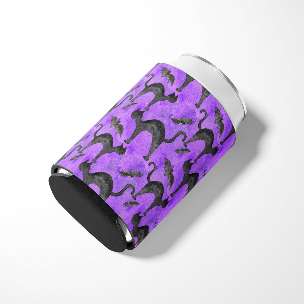 Watecolor Halloween Black Cats on Purple Can or Bottle Hugger Cooler Sleeve for Standard 12 oz Cans, Insulated Foam Beer & Soda Can Hugger Reusable
