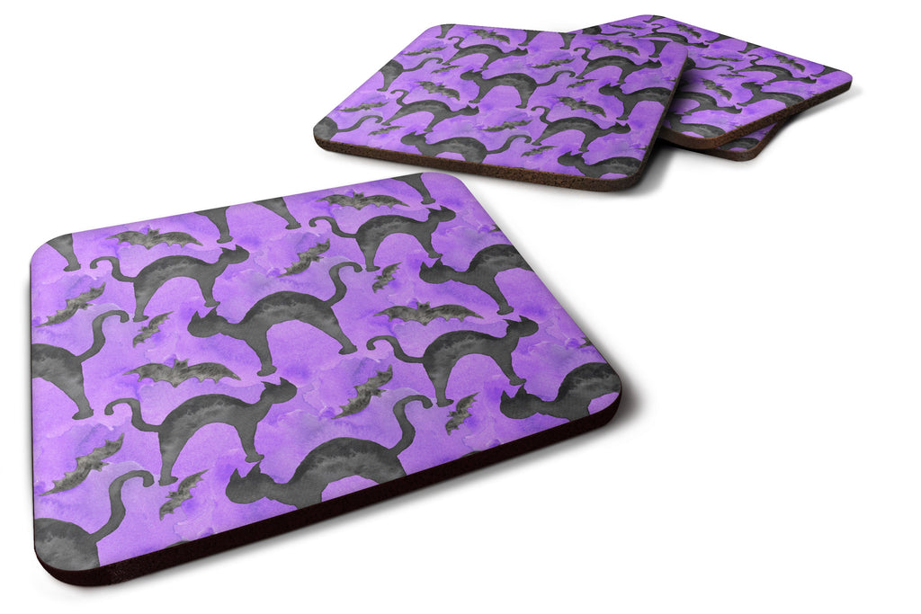 Watecolor Halloween Black Cats on Purple Foam Coasters Set of 4 Cup Coasters for Indoor Outdoor, Tabletop Protection, Anti Slip, Mouse pad Material
