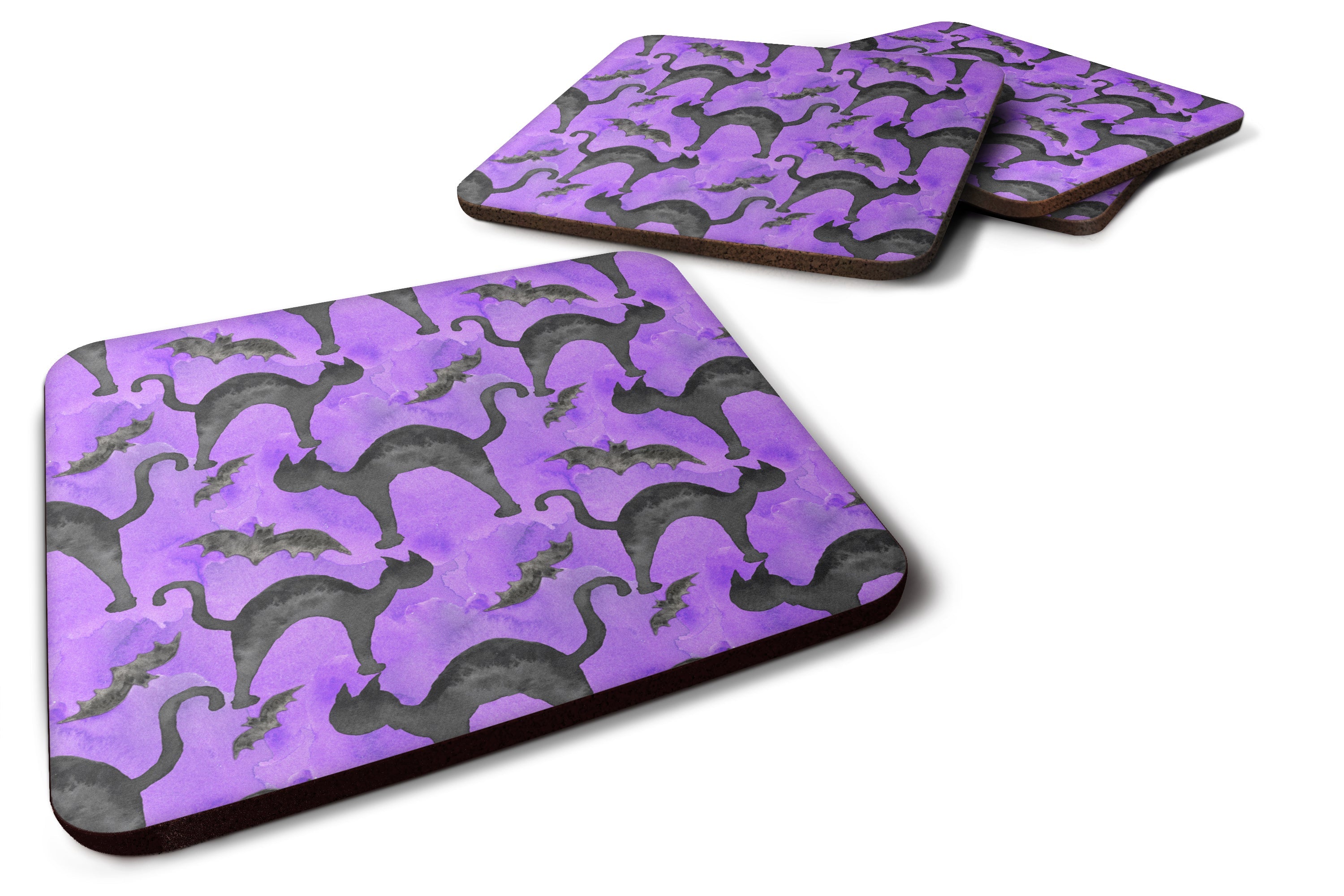 Watecolor Halloween Black Cats on Purple Foam Coasters Set of 4 Cup Coasters for Indoor Outdoor, Tabletop Protection, Anti Slip, Mouse pad Material