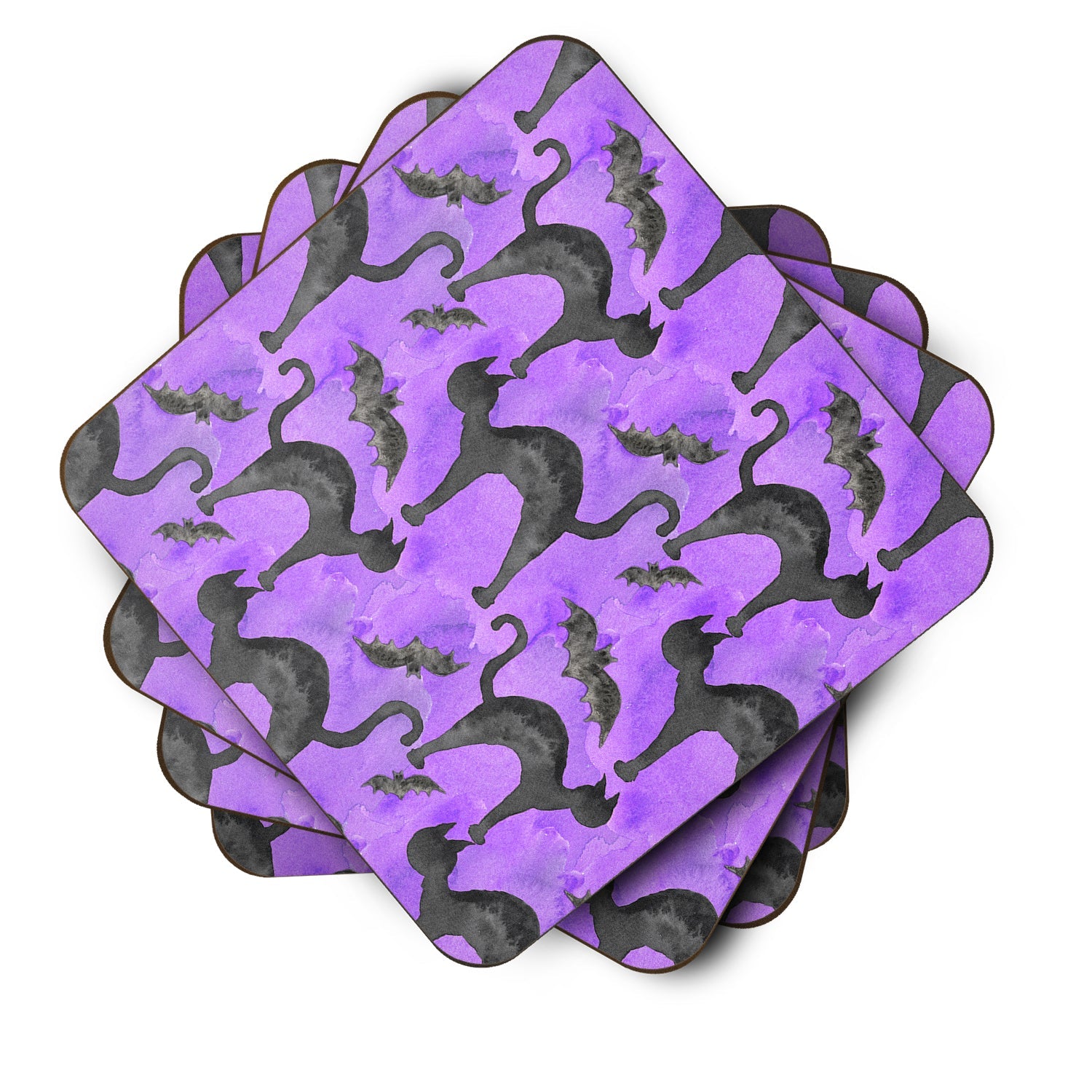 Watecolor Halloween Black Cats on Purple Foam Coasters Set of 4 Cup Coasters for Indoor Outdoor, Tabletop Protection, Anti Slip, Mouse pad Material