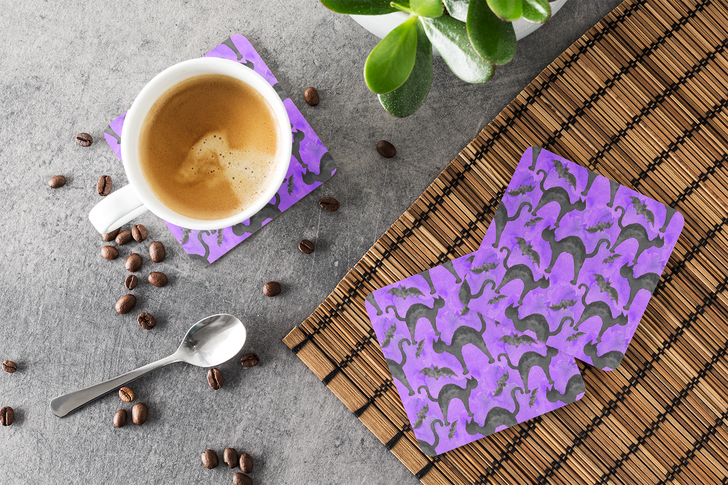 Watecolor Halloween Black Cats on Purple Foam Coasters Set of 4 Cup Coasters for Indoor Outdoor, Tabletop Protection, Anti Slip, Mouse pad Material