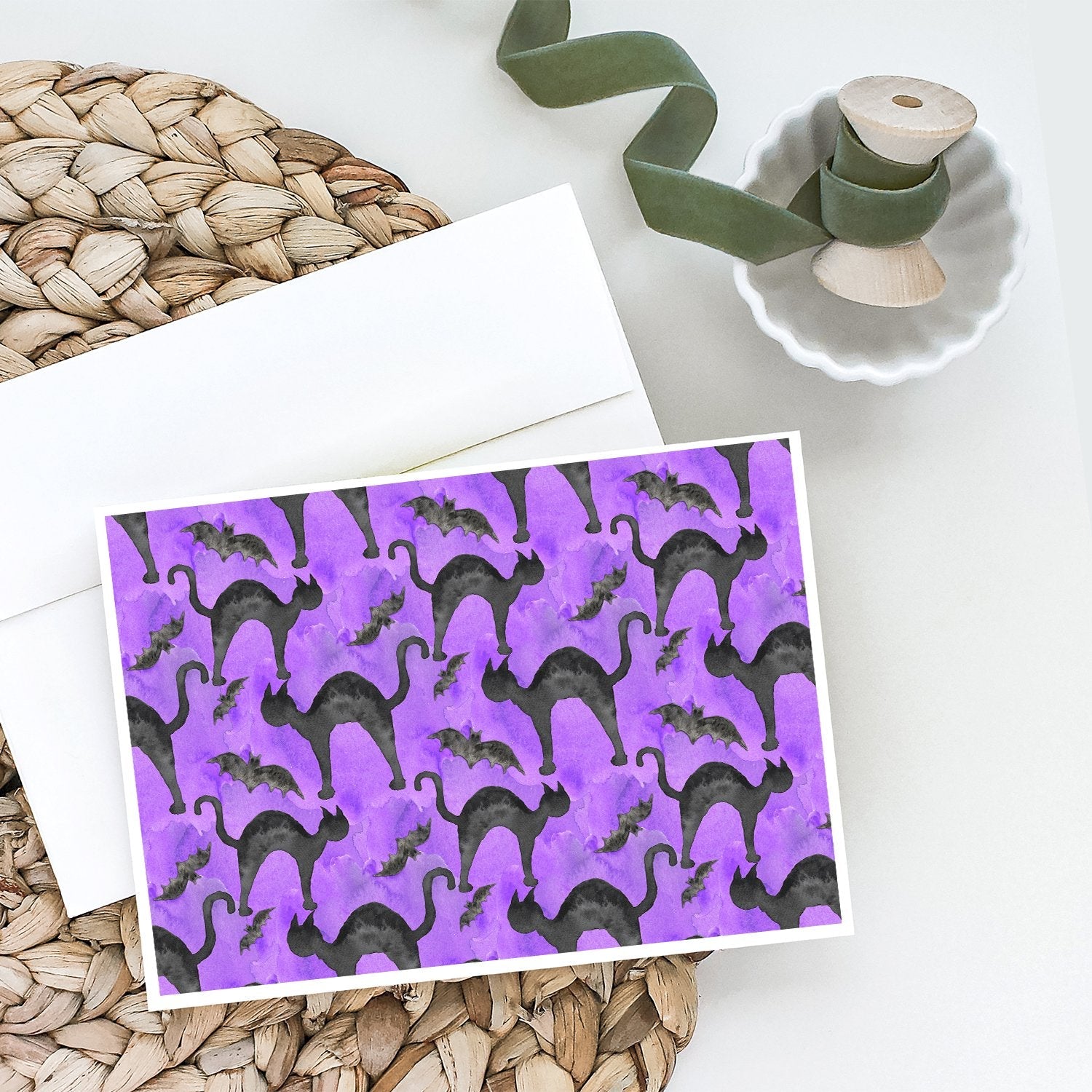 Watecolor Halloween Black Cats on Purple Greeting Cards Pack of 8 Blank Cards with Envelopes Whimsical A7 Size 5x7