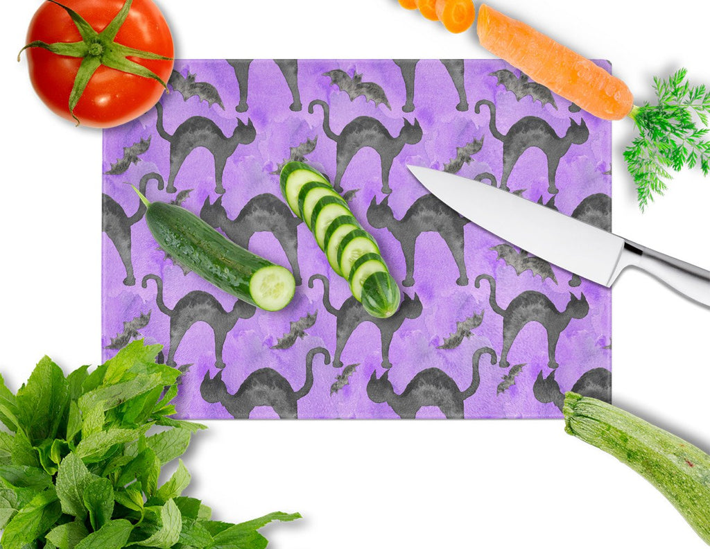 Watecolor Halloween Black Cats on Purple Cutting Board Tempered Glass Kitchen Cutting Surface, Heat Resistant Chopping, Non-Slip Feet, Food Prep & Serving