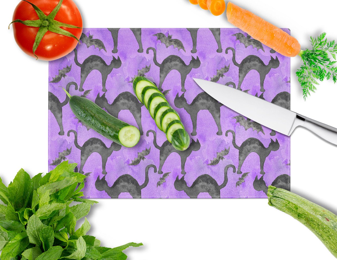 Watecolor Halloween Black Cats on Purple Cutting Board Tempered Glass Kitchen Cutting Surface, Heat Resistant Chopping, Non-Slip Feet, Food Prep & Serving
