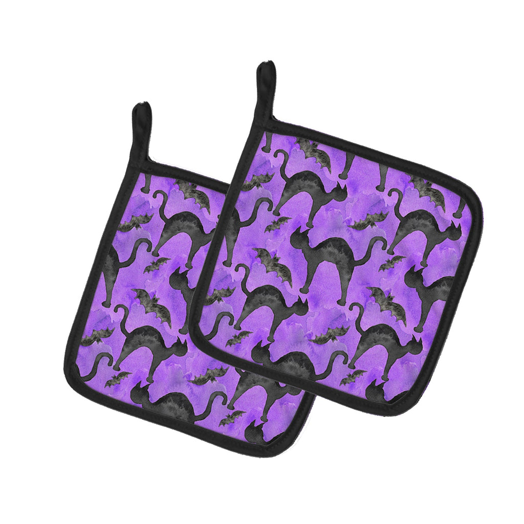 Watecolor Halloween Black Cats on Purple Pot Holder Set of 2 Heat Resistant Quilted Hot Pads 7.5 x 7.5 Inch, Insulated Kitchen Trivets for Cooking & Baking