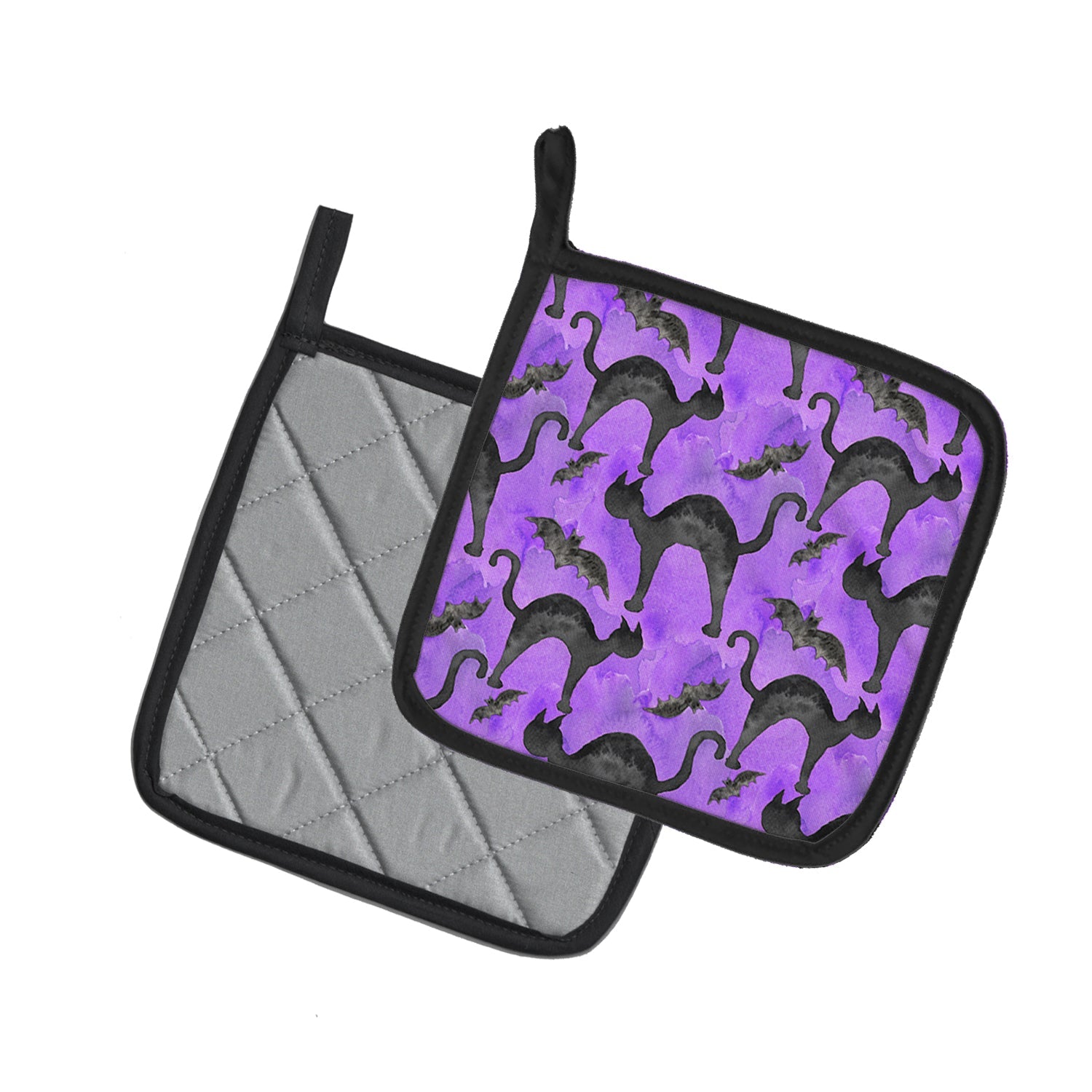Watecolor Halloween Black Cats on Purple Pot Holder Set of 2 Heat Resistant Quilted Hot Pads 7.5 x 7.5 Inch, Insulated Kitchen Trivets for Cooking & Baking