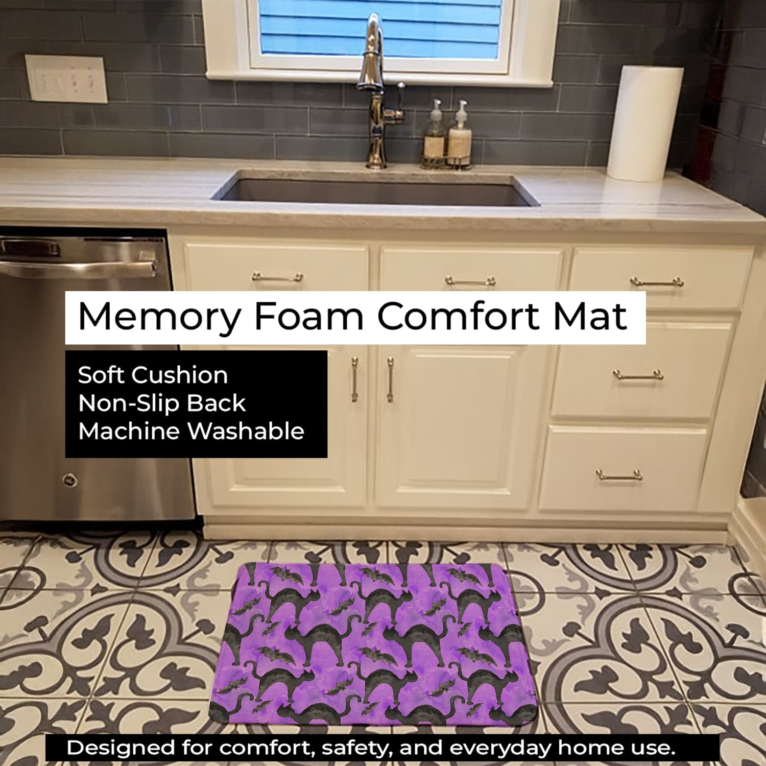 Watecolor Halloween Black Cats on Purple Memory Foam Kitchen Mat Machine Washable Anti-Fatigue Cushion Comfort Bath or Kitchen Rug
