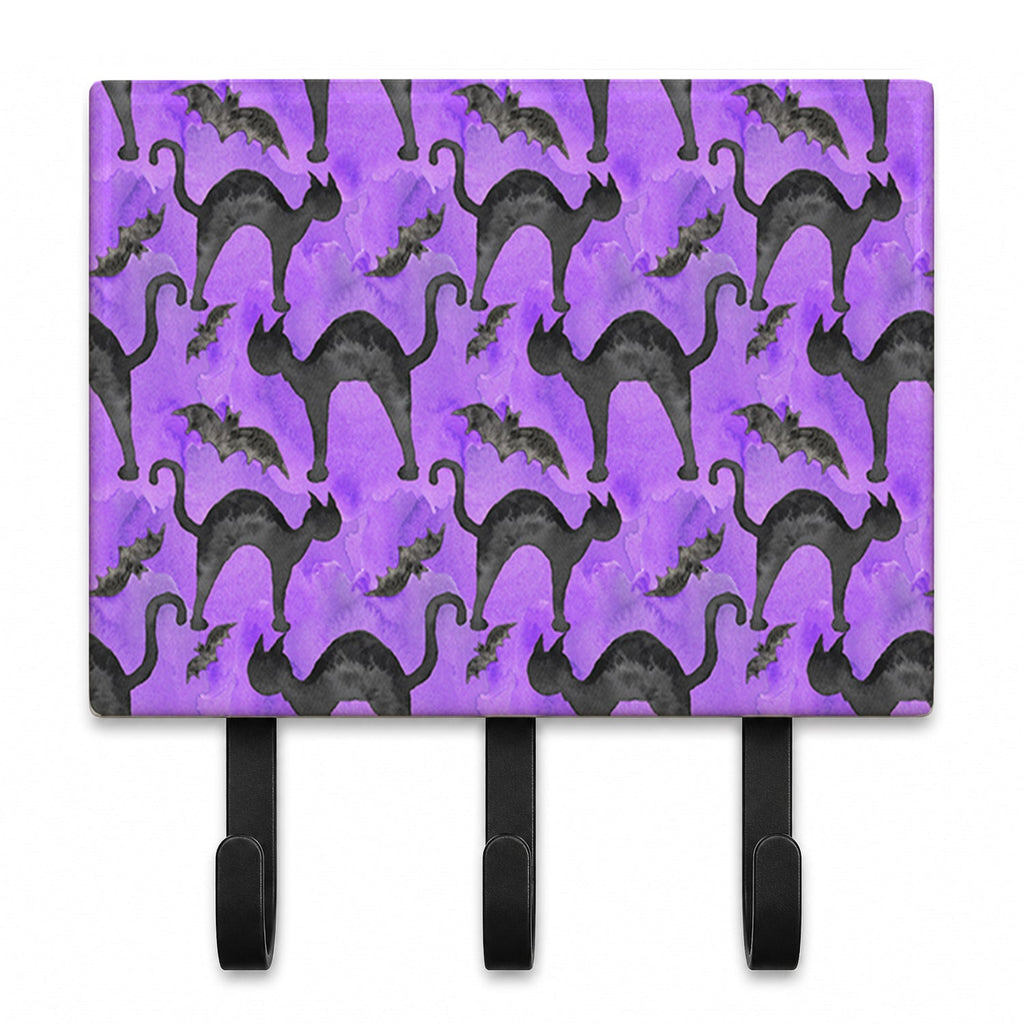 Watecolor Halloween Black Cats on Purple Leash or Key Holder Wall Hooks, Coat Rack Wall Mount, for Hanging Keys, Towels, Aprons, Leashes