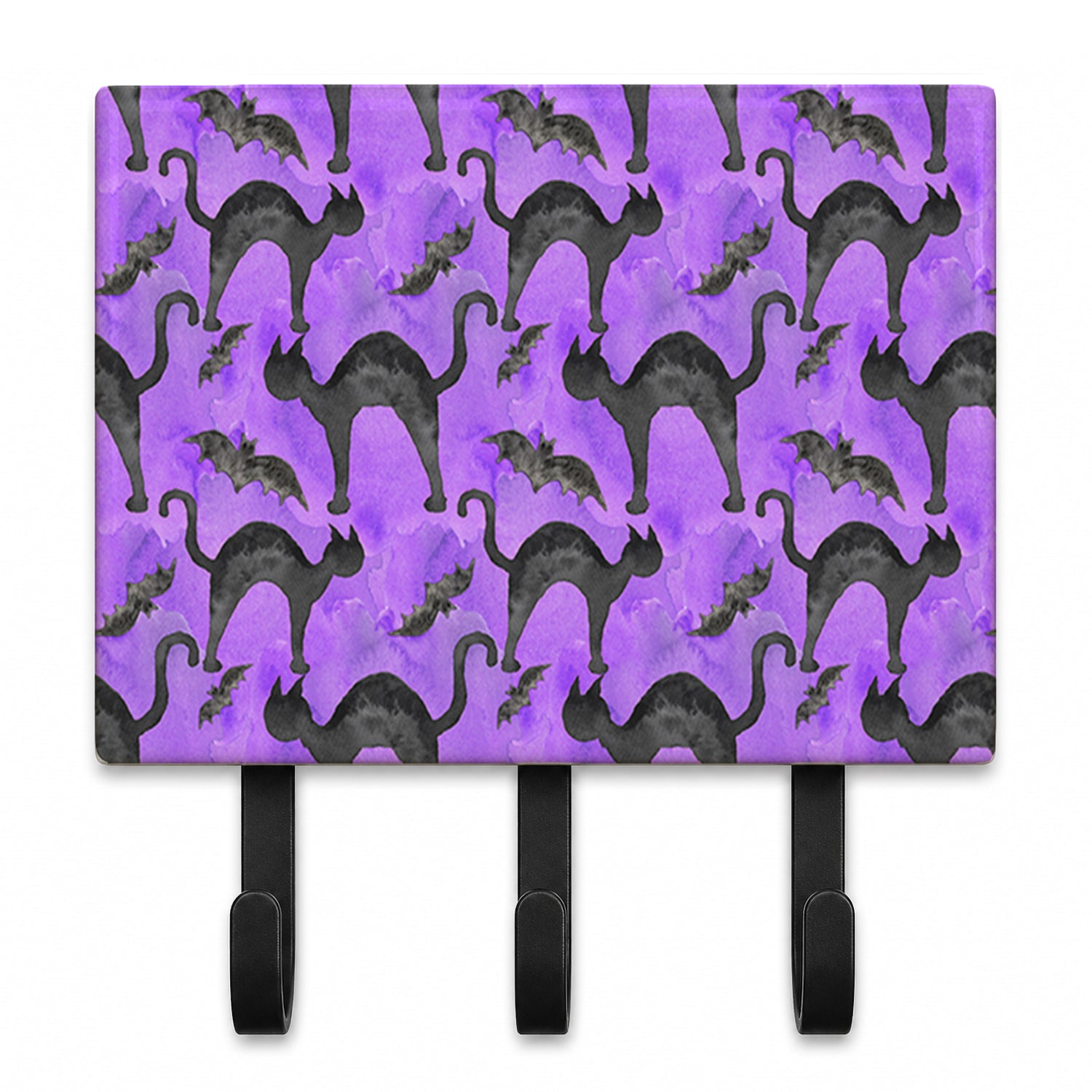 Watecolor Halloween Black Cats on Purple Leash or Key Holder Wall Hooks, Coat Rack Wall Mount, for Hanging Keys, Towels, Aprons, Leashes