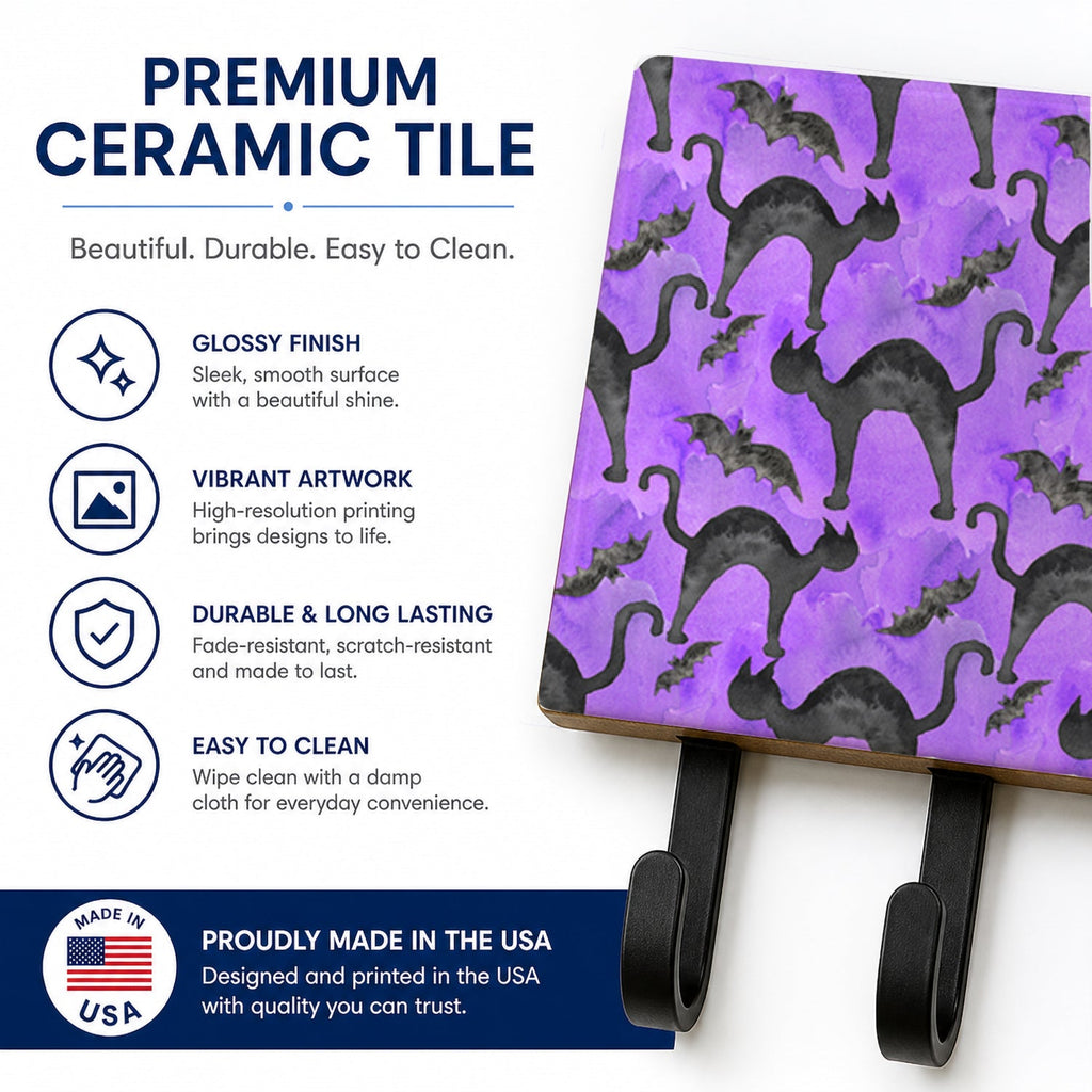 Watecolor Halloween Black Cats on Purple Leash or Key Holder Wall Hooks, Coat Rack Wall Mount, for Hanging Keys, Towels, Aprons, Leashes