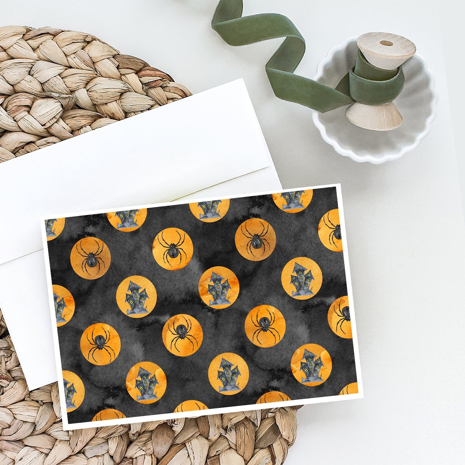 Watecolor Halloween Circles Greeting Cards Pack of 8 Blank Cards with Envelopes Whimsical A7 Size 5x7