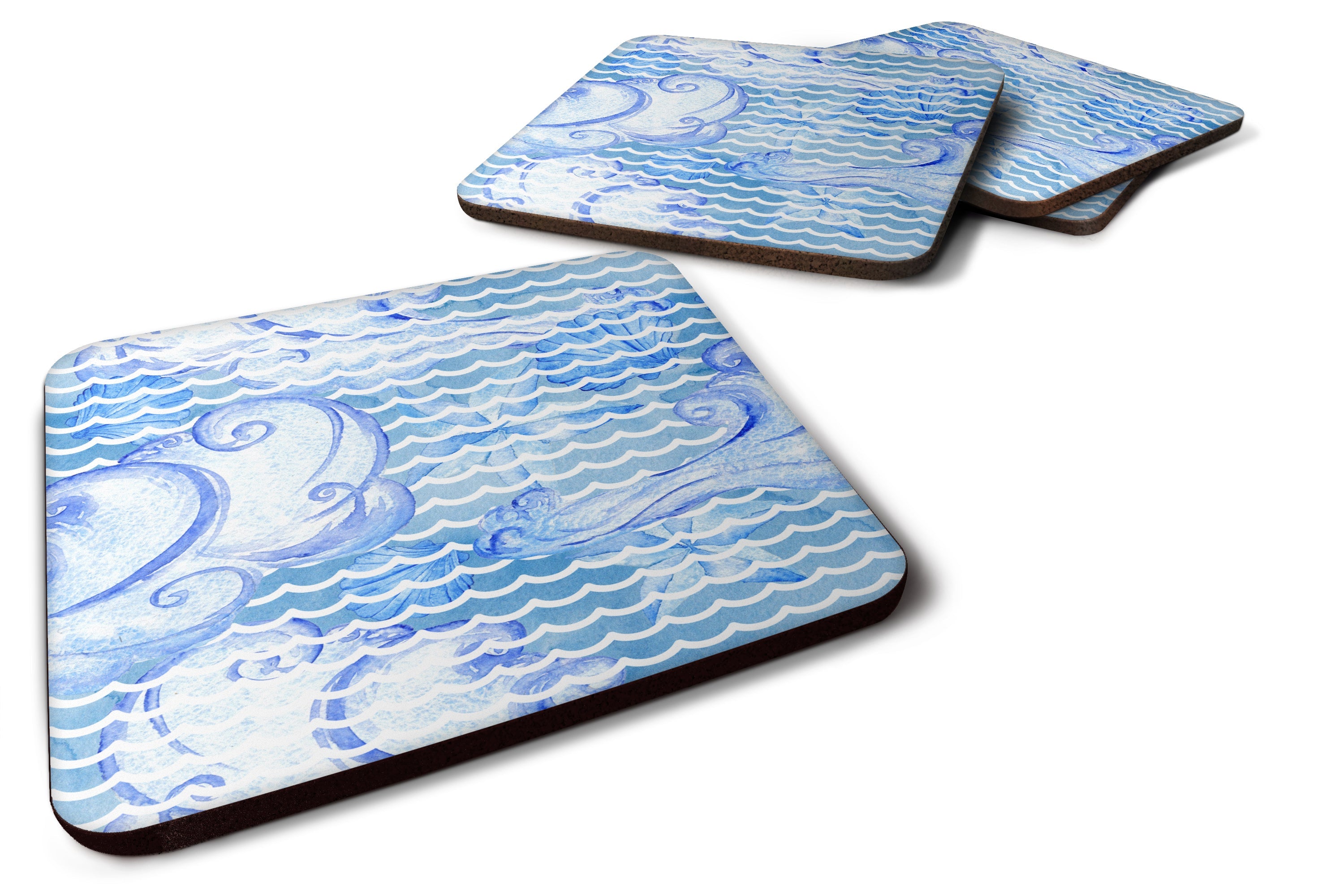 Beach Watercolor Abstract Waves Foam Coasters Set of 4 Cup Coasters for Indoor Outdoor, Tabletop Protection, Anti Slip, Mouse pad Material