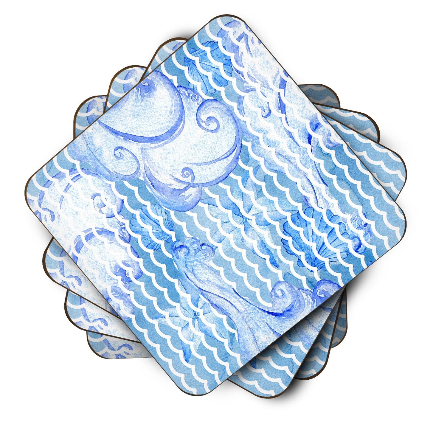 Beach Watercolor Abstract Waves Foam Coasters Set of 4 Cup Coasters for Indoor Outdoor, Tabletop Protection, Anti Slip, Mouse pad Material