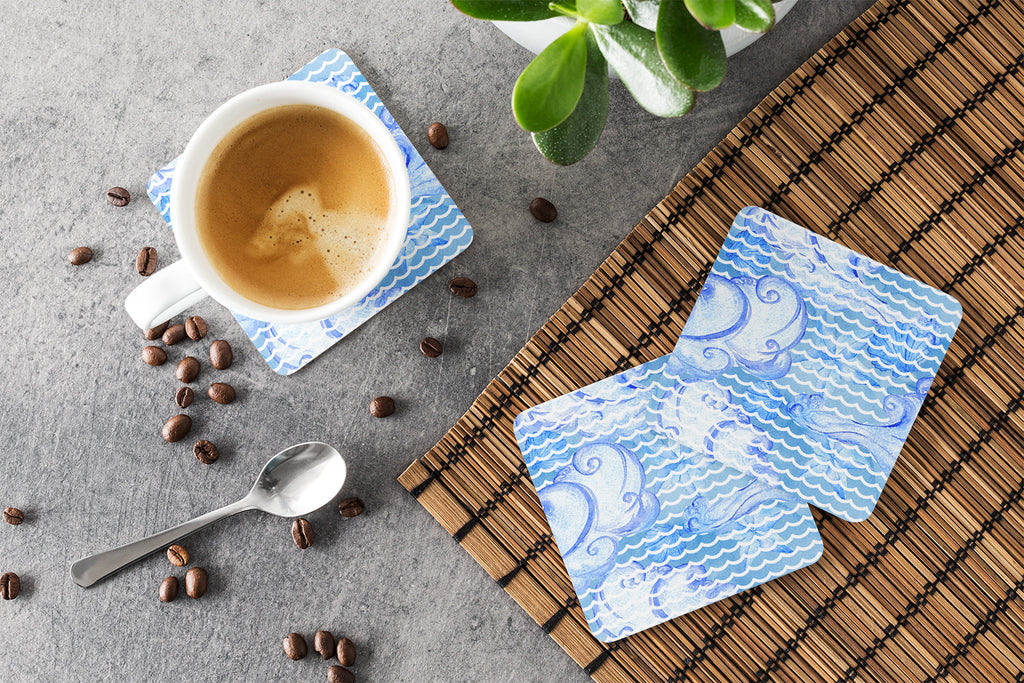 Beach Watercolor Abstract Waves Foam Coasters Set of 4 Cup Coasters for Indoor Outdoor, Tabletop Protection, Anti Slip, Mouse pad Material