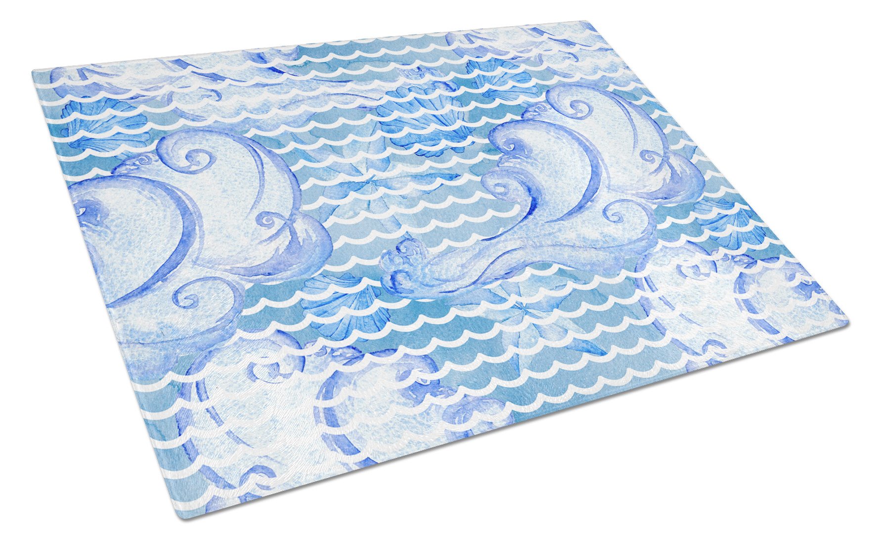 Beach Watercolor Abstract Waves Cutting Board Tempered Glass Kitchen Cutting Surface, Heat Resistant Chopping, Non-Slip Feet, Food Prep & Serving