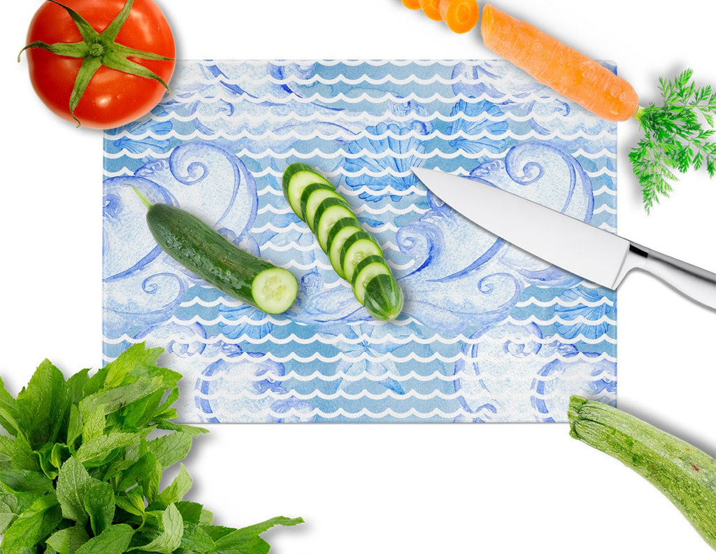 Beach Watercolor Abstract Waves Cutting Board Tempered Glass Kitchen Cutting Surface, Heat Resistant Chopping, Non-Slip Feet, Food Prep & Serving