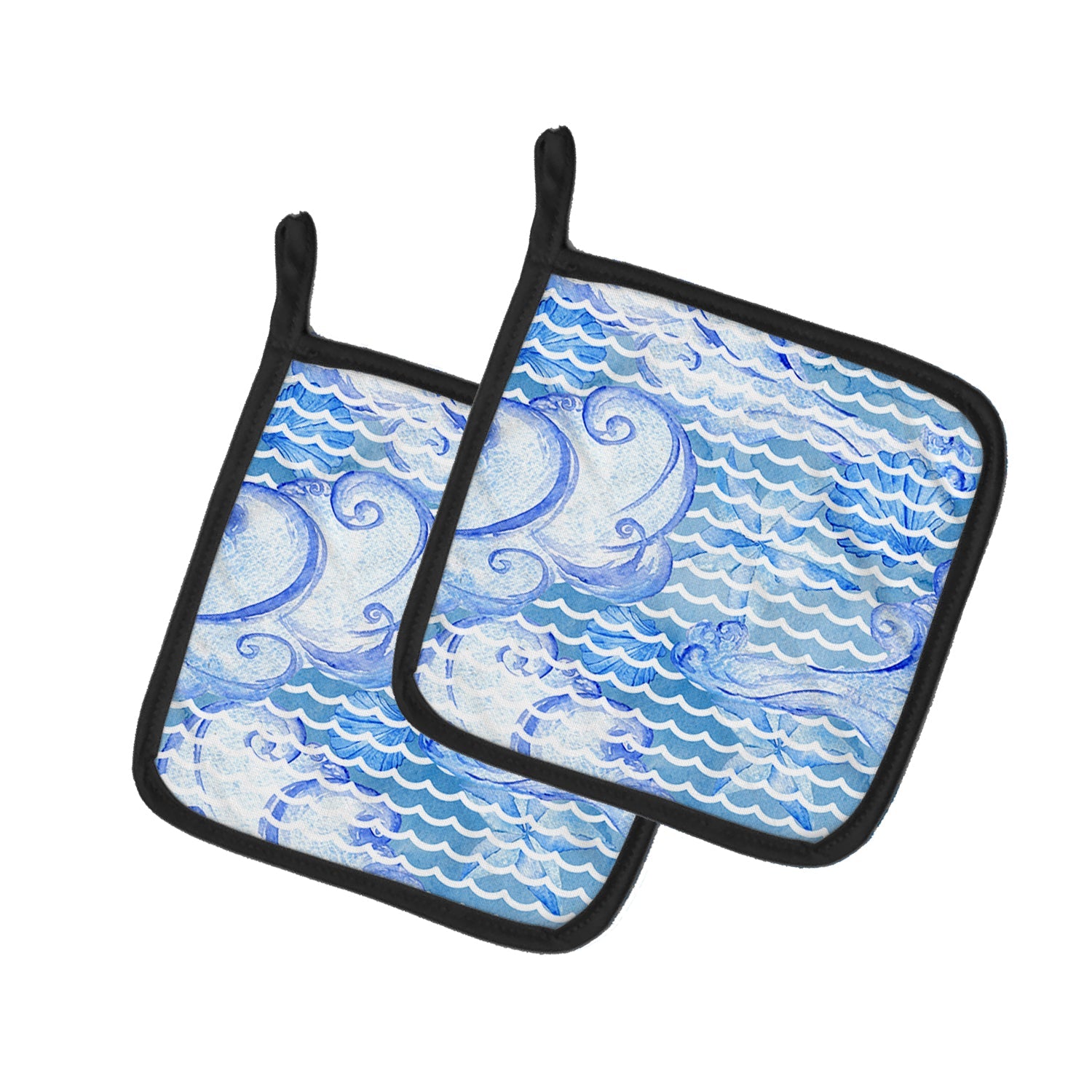 Beach Watercolor Abstract Waves Pot Holder Set of 2 Heat Resistant Quilted Hot Pads 7.5 x 7.5 Inch, Insulated Kitchen Trivets for Cooking & Baking