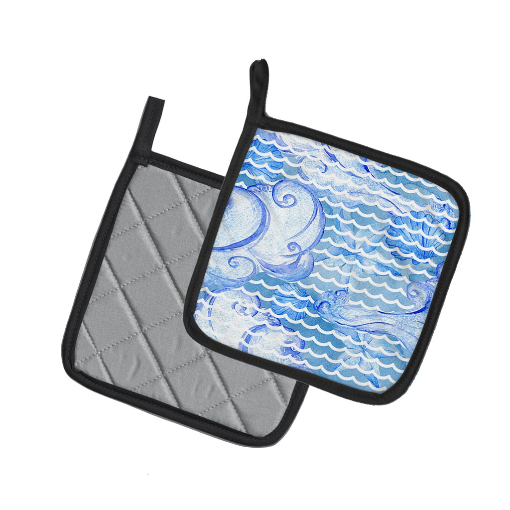 Beach Watercolor Abstract Waves Pot Holder Set of 2 Heat Resistant Quilted Hot Pads 7.5 x 7.5 Inch, Insulated Kitchen Trivets for Cooking & Baking